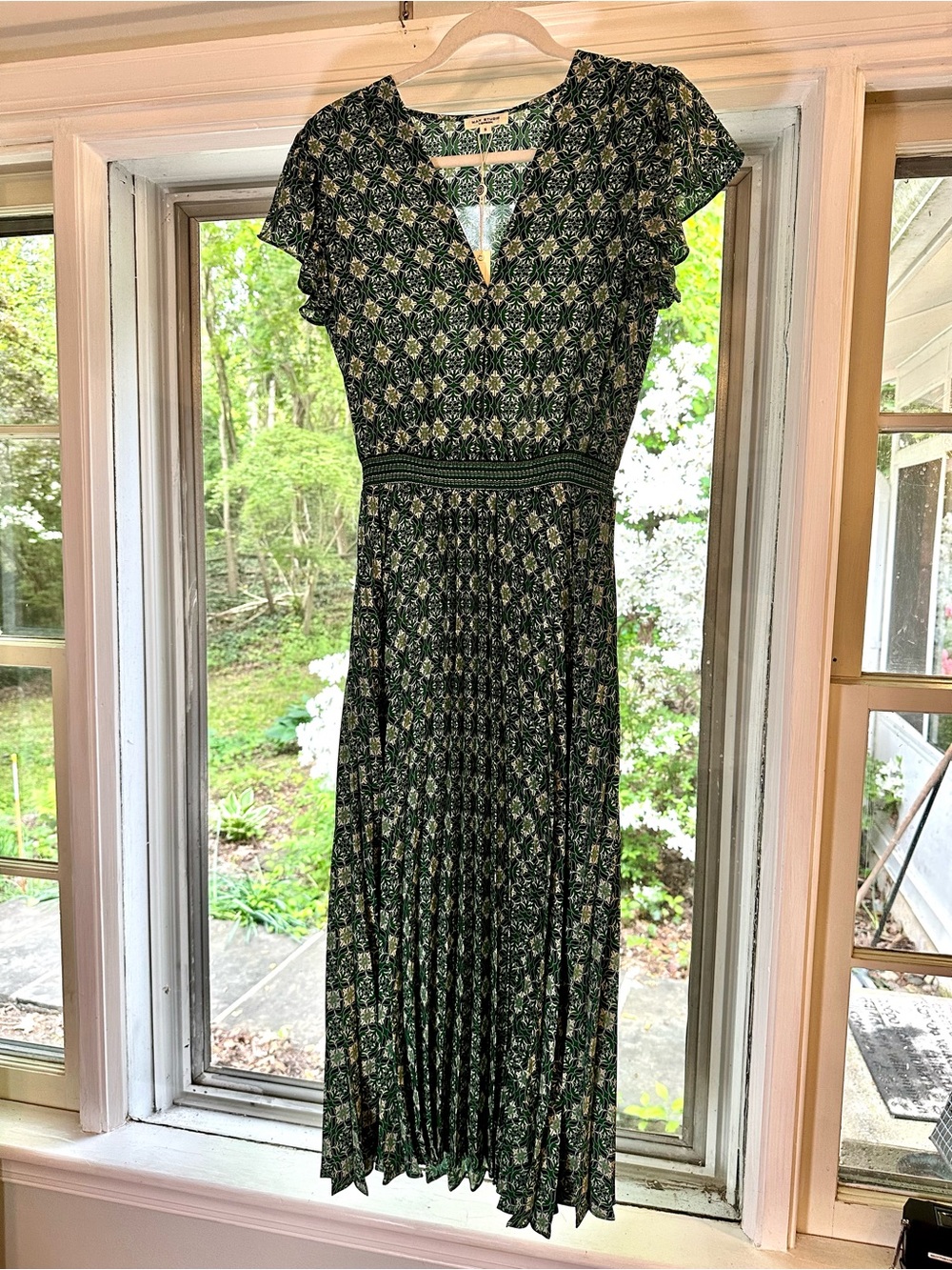 Max Studio Green V-Neck Midi Dress Flutter Sleeves Small S Spring Summer